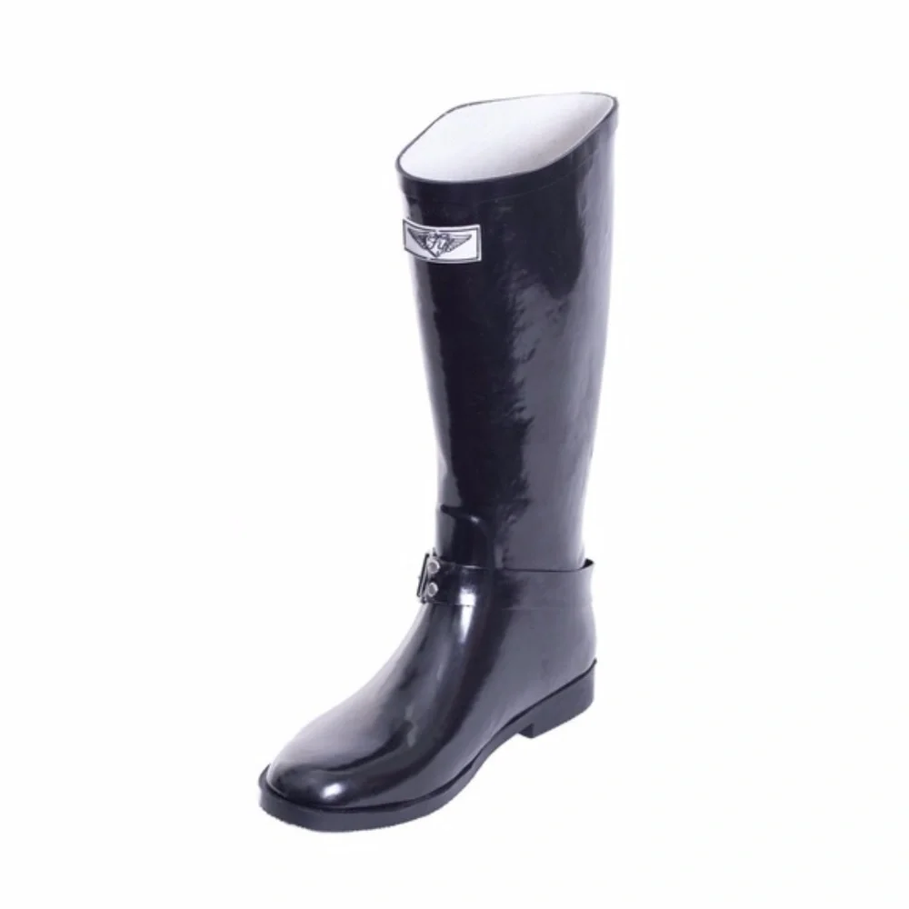 Women Rubber Rain Boots, Rider Style w/ Buckle Black Rainboots
